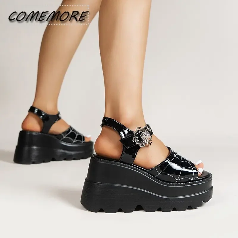 Summer New Large Size Women\'s Thick Sole Sandals Gothic Punk Design Ladies Shoes Roman Sandals Wedge Heels Fashion 2024 Black PU