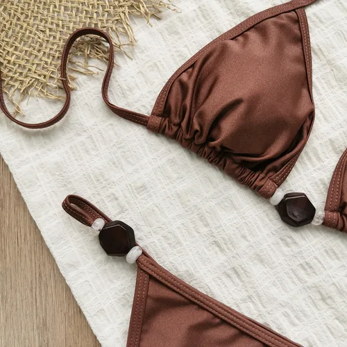 Imagen 2 del producto Conjunto de Bikini Sexy para mujer, traje de baño con cuello Halter, traje de baño festoneado, conjunto de Bikini brasileño liso con volantes, traje de baño de verano para mujer 2025