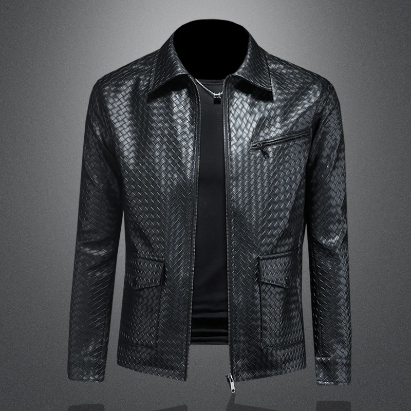 Minglu Pu Leather Autumn Winter Men's Jackets Luxury Solid Color Turn Down Collar Zipper Casual Faux Leather Male Coats