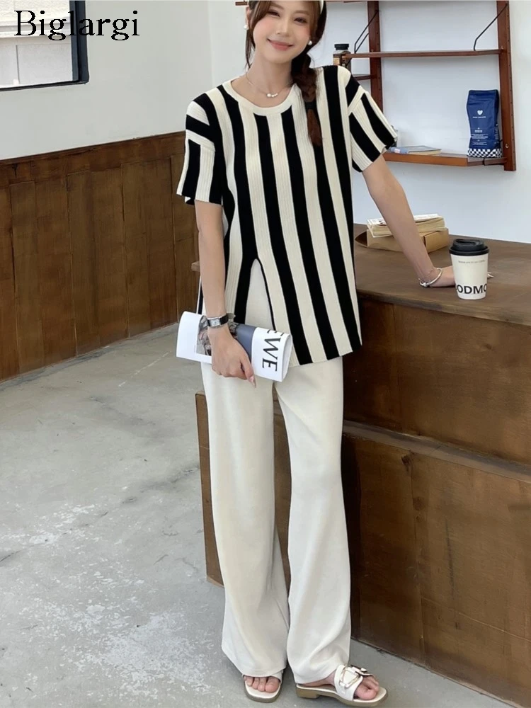 

Knitted Summer 2 Two Piece Set Women Striped Print Fashion Split Ladies Blouses Loose Korean Style Woman Long Pants