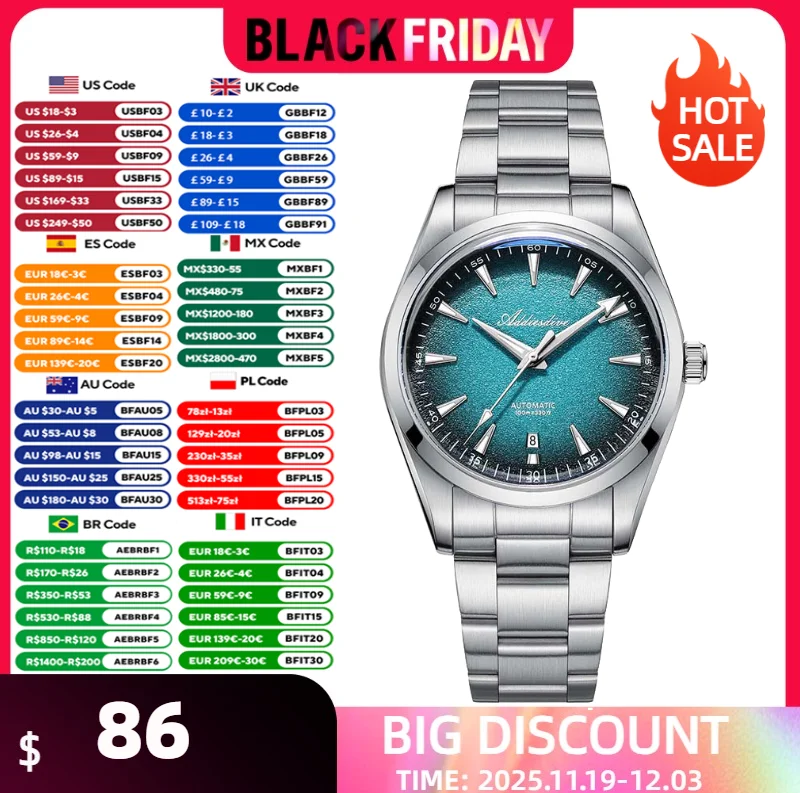 Addiesdive الرجال التلقائي ساعة ميكانيكية مقاوم للماء 100 متر BGW9 سوبر مضيئة فقاعة ساعات زجاجية 39 مللي متر الفاخرة الصلب ساعة اليد