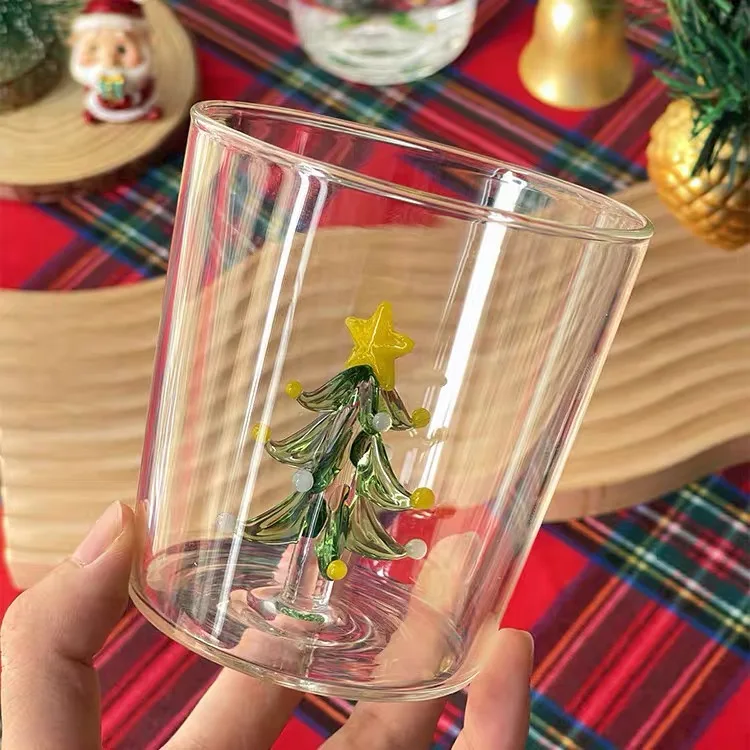 Handmade Christmas Glass Cup, 3D Christmas Tree and Santa Claus Design, High Temperature Resistant High Borosilicate Water Cup, 300ml