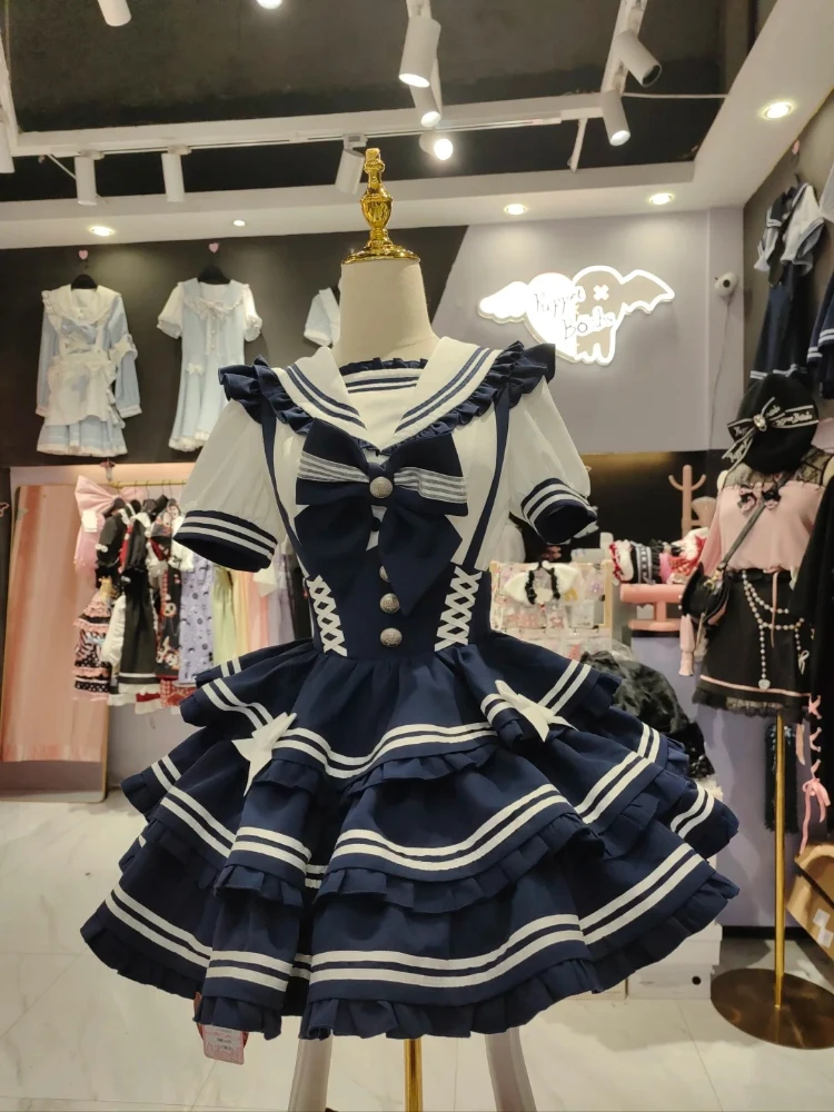

Preppy Style Sweet Lolita 2 Piece Set Women Sailor Collar Bow Shirt + Fluffy Strap Skirt New Japanese Fashion Kawaii Suit Summer