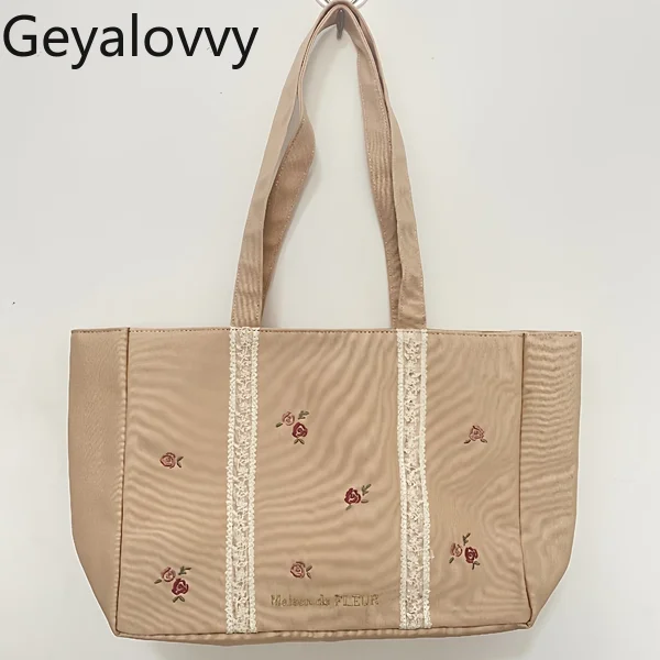 

2025 New Cute Shoulder Bags for Women Lace Rose Embroidery Canvas Handbag Femme Sweet Tote Bag with Cotton Padding