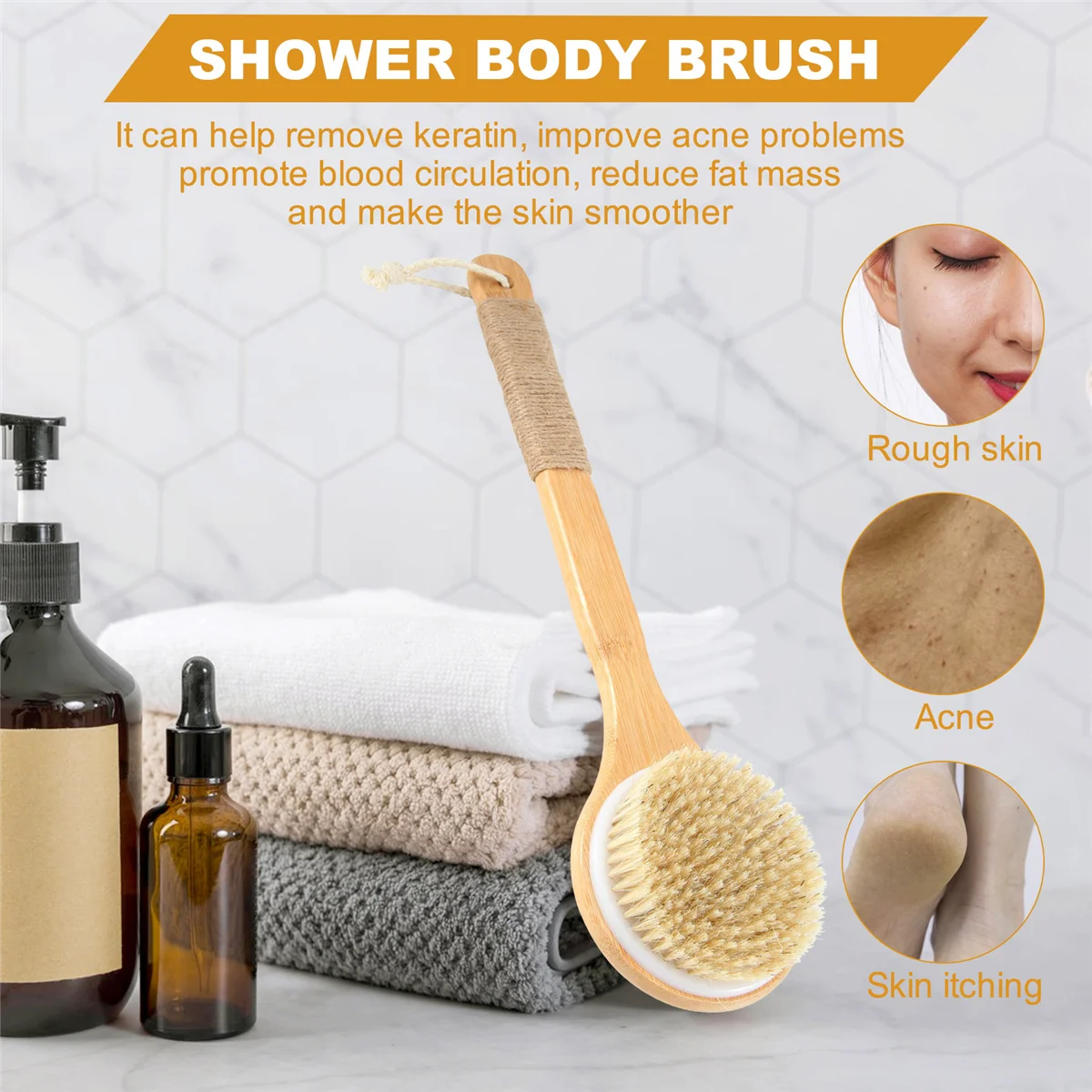 Avancé! Brosse corporelle pour peau sèche, brosse exfoliante de bain, poils naturels, épurateur de dos avec Long manche en bois pour douche, élimine D