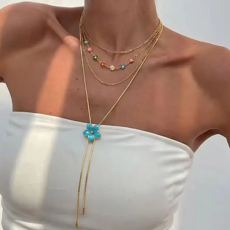 Dopamine Daisy Flower Y Lariat Necklace Set for Women Sweet Imitation Pearl Floral Long Adjustable Chain Party Jewelry Gift