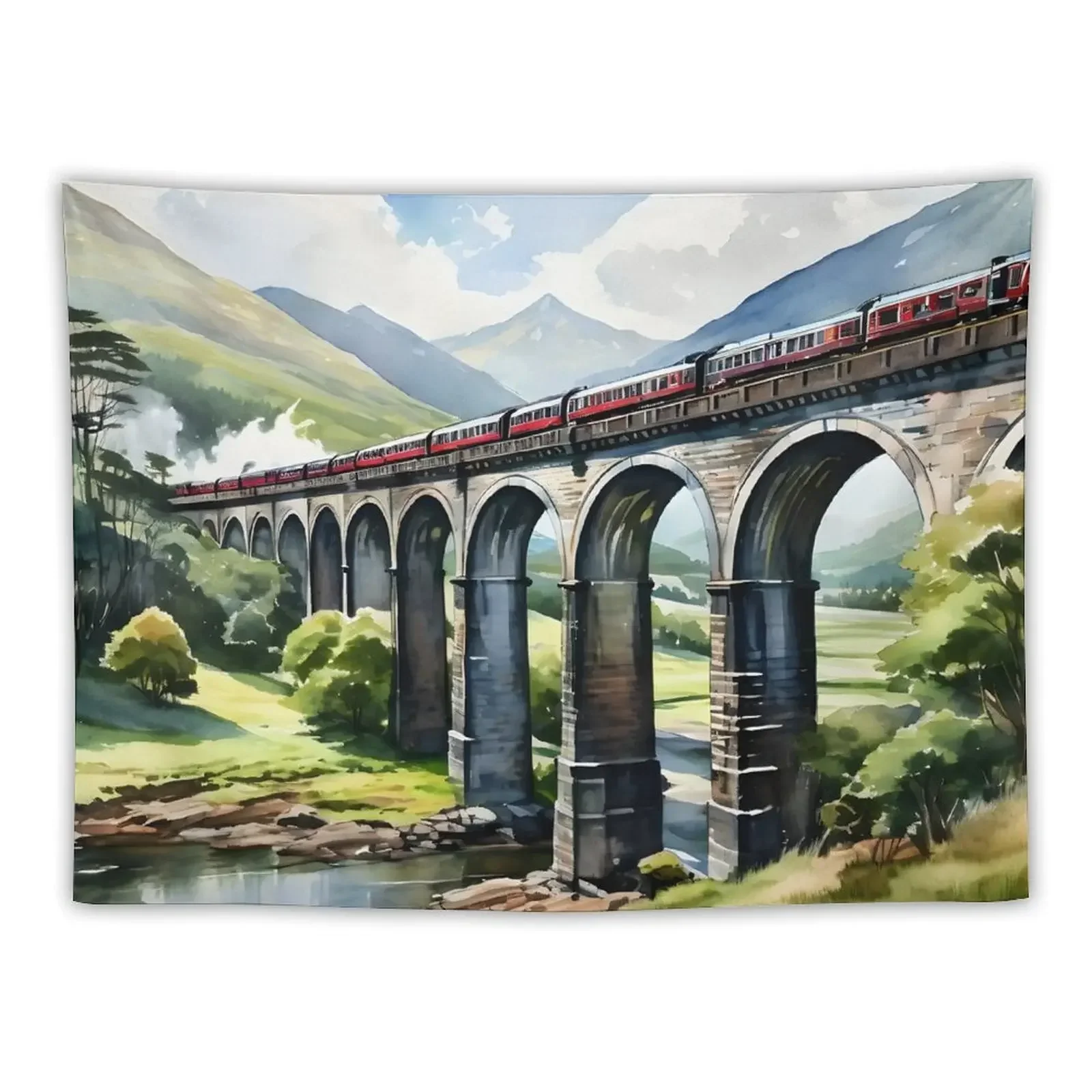 Glenfinnan Viaduct: Watercolor Beauty in Scotland Tapestry Wall Hangings Decoration Wall Hanging Tapestry