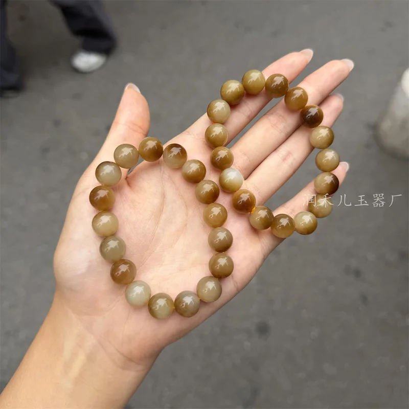 Natural Hotan Jade Qiemou Round Bead 12Mm Base Yellow Red Colorful Sugar Bracelet