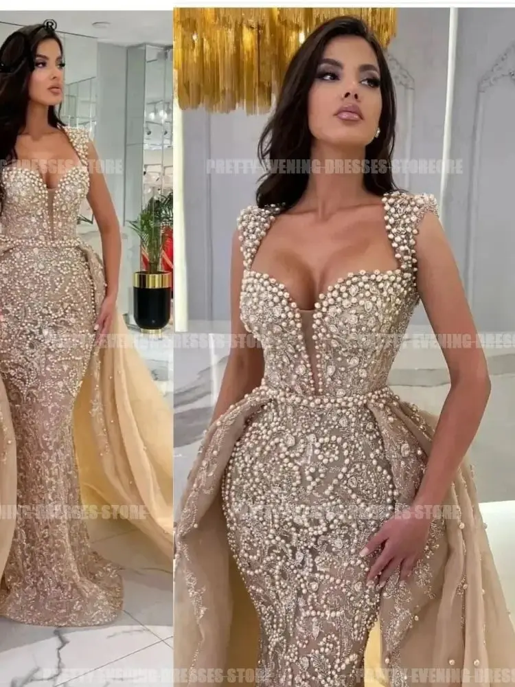 Eleganckie suknie wieczorowe z linii syrenki dla kobiet Sexy kochanie koraliki 2 w 1 formalna księżniczka suknie na przyjęcie Vestidos De Festa