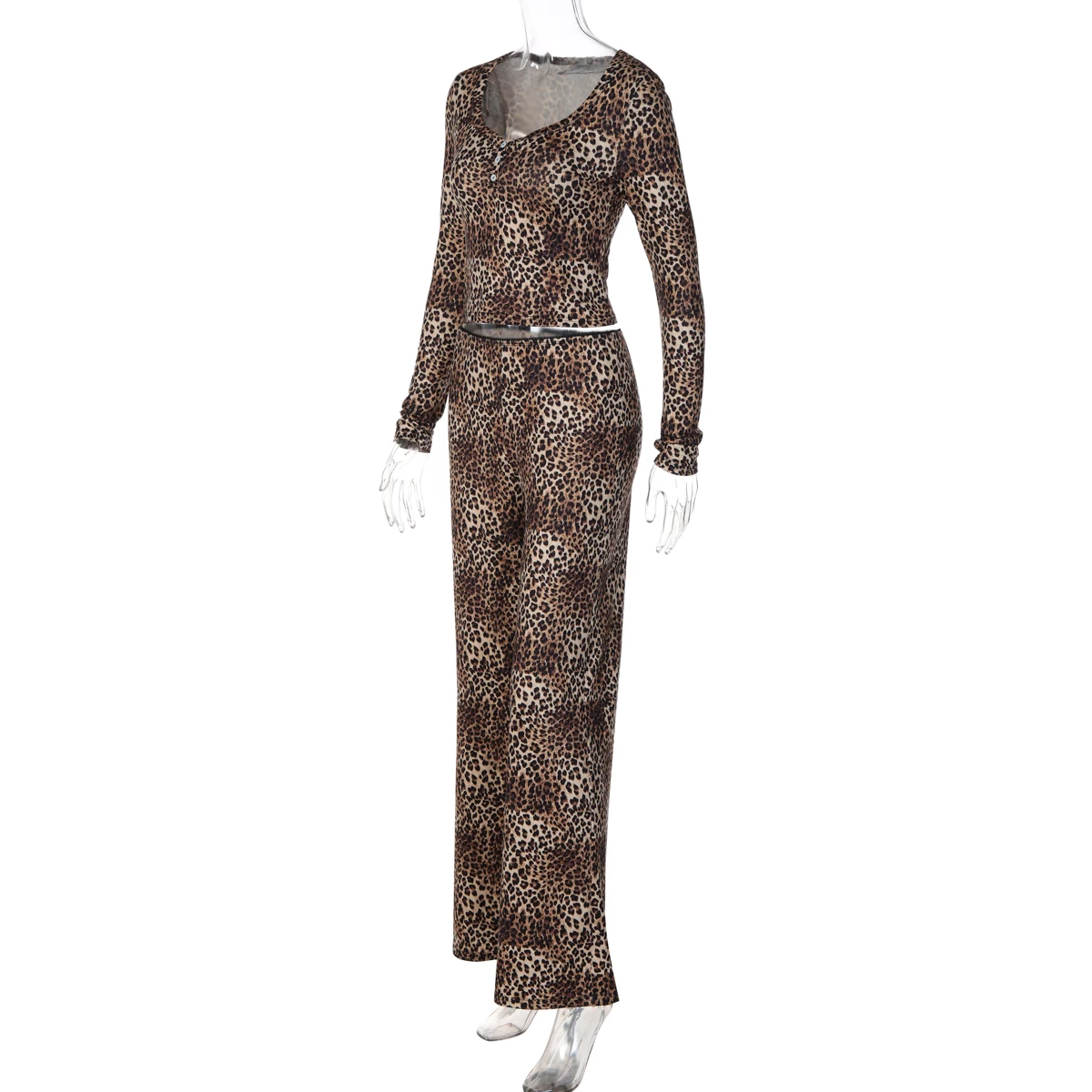 Hugcitar Leopardenmuster 2-teiliges Set Langarm-Knopfleiste Sexy Crop-T-Shirt Top Weite Hose Herbst Damen-Outfits Urlaub Party – Detail 3