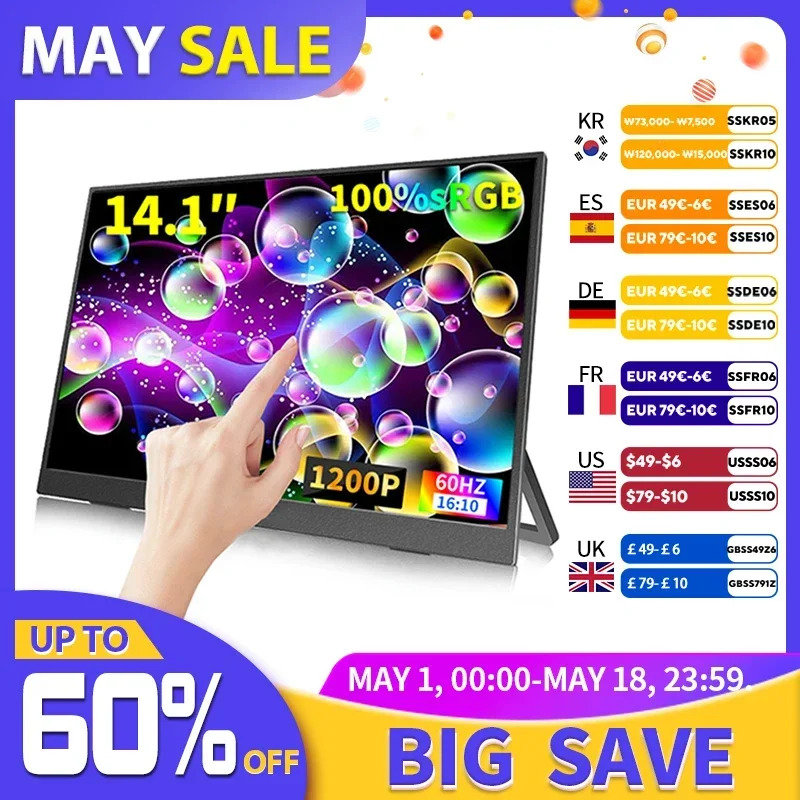 

США.ЕС 14,1-дюймовый портативный монитор с сенсорным экраном 100% sRGB 400 кд/м2, игровой компьютер, расширенный дисплей для XBox PS4/5 переключателей Loptop