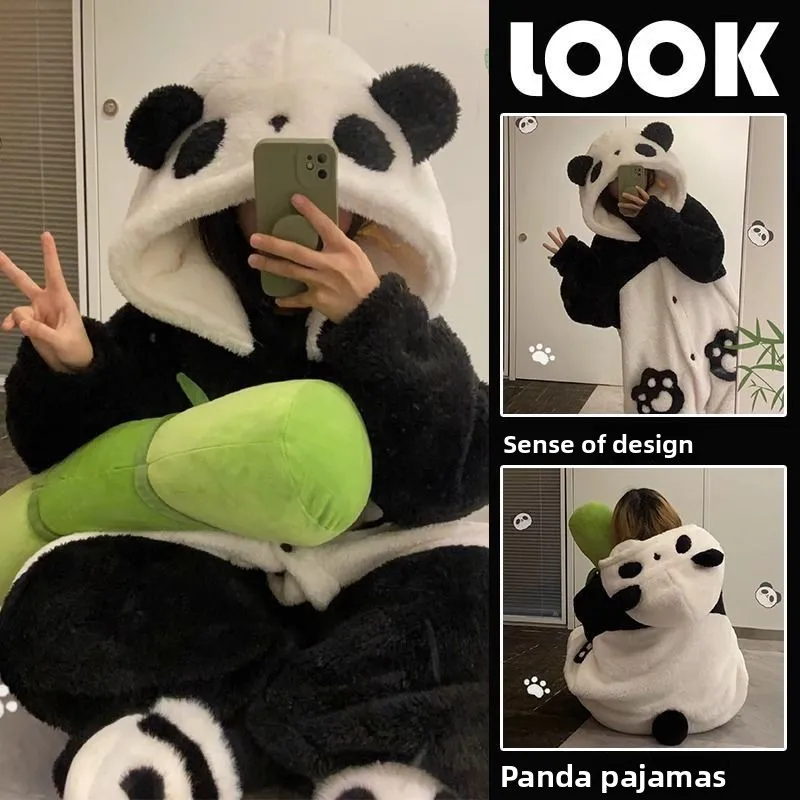 

2025 New Women Cartoon Panda Pajamas Set Winter Coral Fleece Thick Warm Sleepwear Cute Homewear Loungewear for Teen Girls