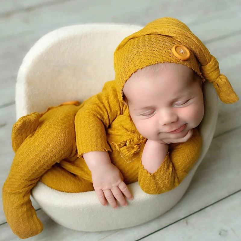 2 Pcs/Set Newborn Photography Props Baby Boy Girl Romper Hat Set Knitted Jumpsuit Long Tail for Head Wrap Turban Beanie