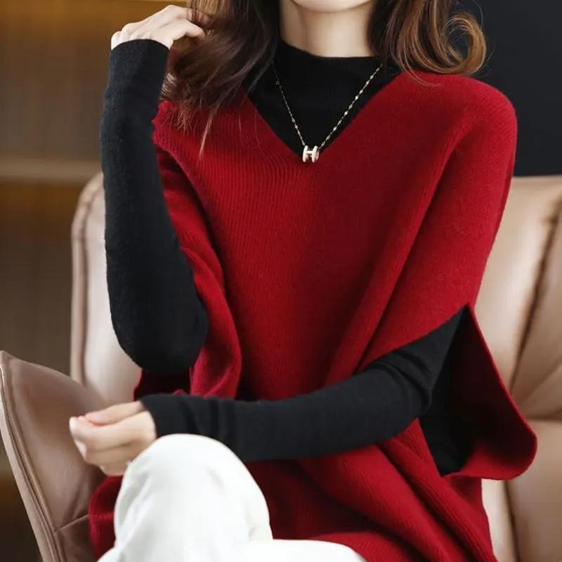 Commute Solid Color Knitted Sweater Vest Casual Sleeveless Spring Autumn Elegant V-Neck Female Clothing Korean Loose Jumpers New