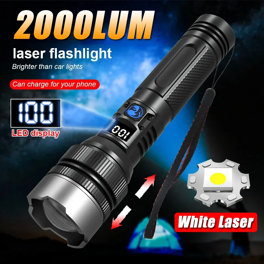 Super Bright White Laser LED Flashlight with Power Display USB Rechargeable Zoomable Torch Waterproof Emergency Lantern