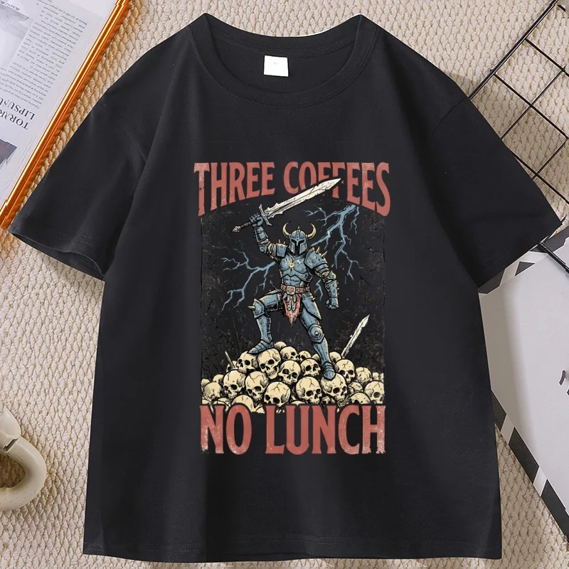Three Coffees No Lunch T-Shirt Funny Coffee Tee Dark Humor T Shirt Sarcastic Work Warrior Graphic T Shirts Man Short Sleeve - view 2