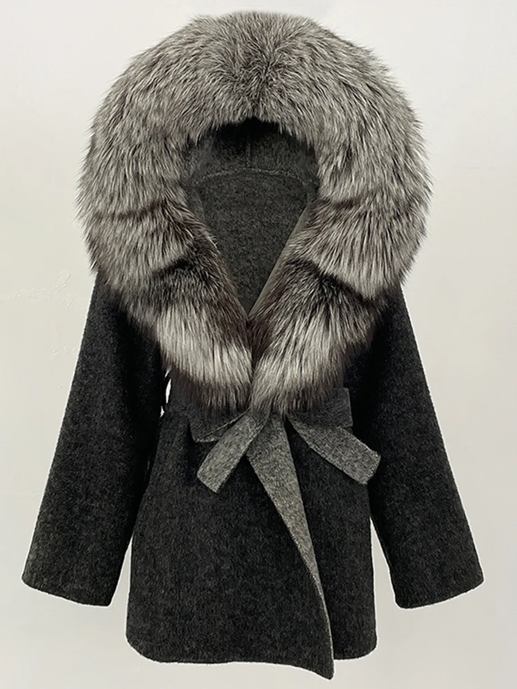 Women Hooded Belt Woolen Jacket Real Fox Fur Wool Coat Female Natural Fur Coat Lady 2025 Fashion Luxury Winter Clothes