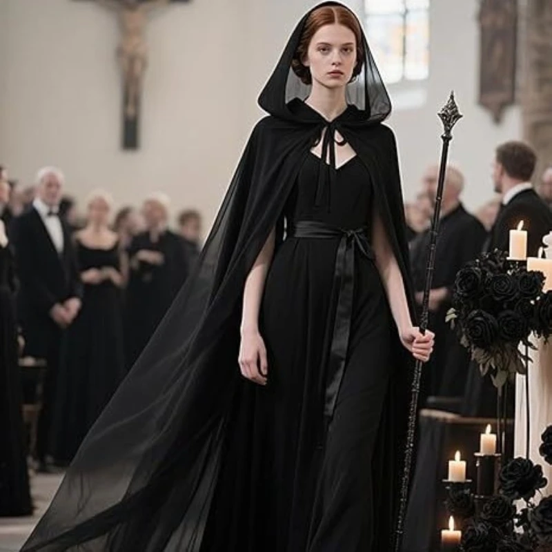 Black Sheer Tulle Hooded Cape, Long Flowing Cloak with Neck Tie Closure, Gothic Witch Cosplay Wrap for Halloween Party Dress‑up view 2