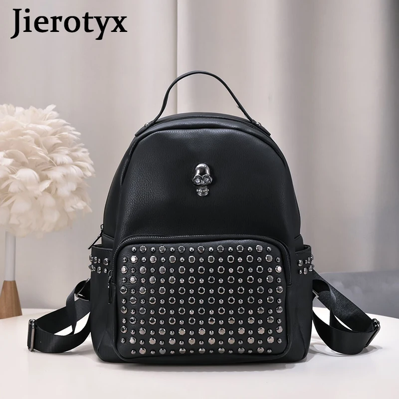 JIEROTYX Trendy Studded Backpack for Women Y2K Goth Style School Bags Daypack for Travel Functional Backpack Purse Vintage Skull