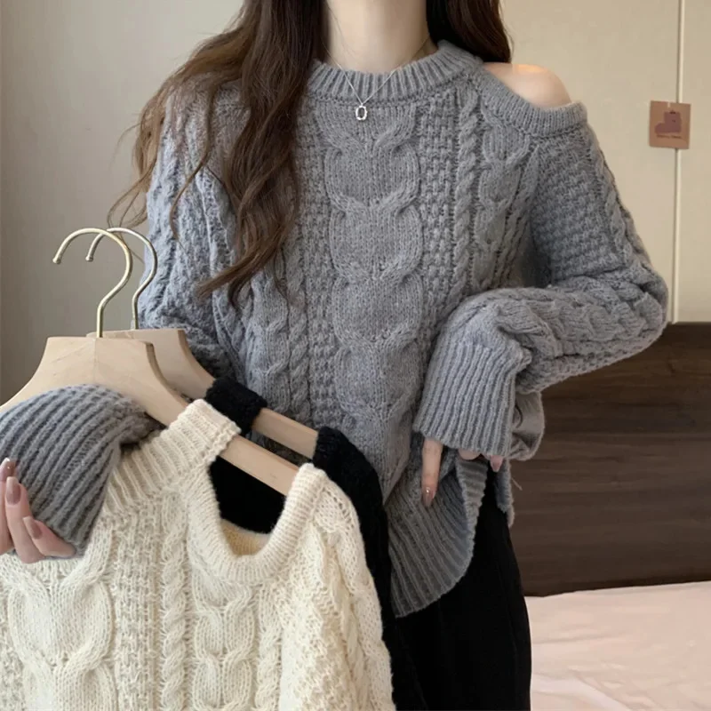 

Korean Hollow Off Shoulder Knitwear Sweater Women Autumn Winter Fashion Twist Knit Laziness Sense Loose Long sleeve Hoodies Tops