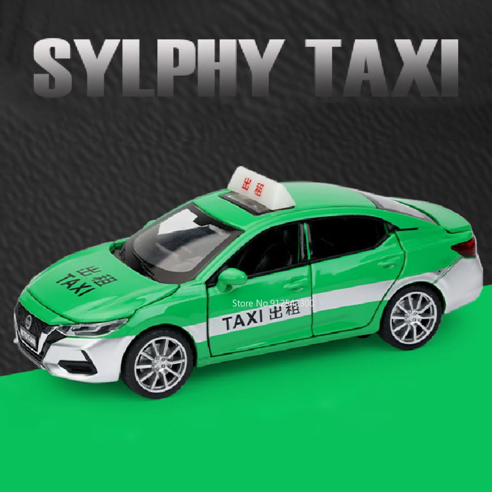 1:32 Skala Nissan Sylphy Taxi Model samochodu Zabawka Aluminiowe nadwozie Gumowe opony Dźwięk Światło Pociągnij do tyłu Modele pojazdów Kolekcja Chłopcy Prezenty