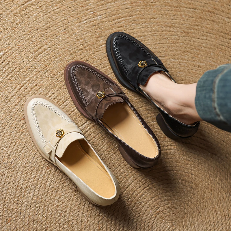 

Loafers Women Genuine Leather Woven Camellia Heel Leopard Print Vintage Fashion Handmade Dress Shoes