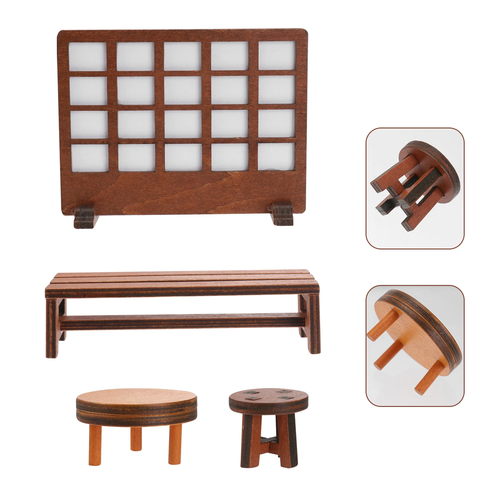 4 szt. Drewniany Zestaw Stołków Ekranowych Miniaturowe Meble Dom Ozdoba Stołek Model Ławeczka Rekwizyt Fotograficzny Retro