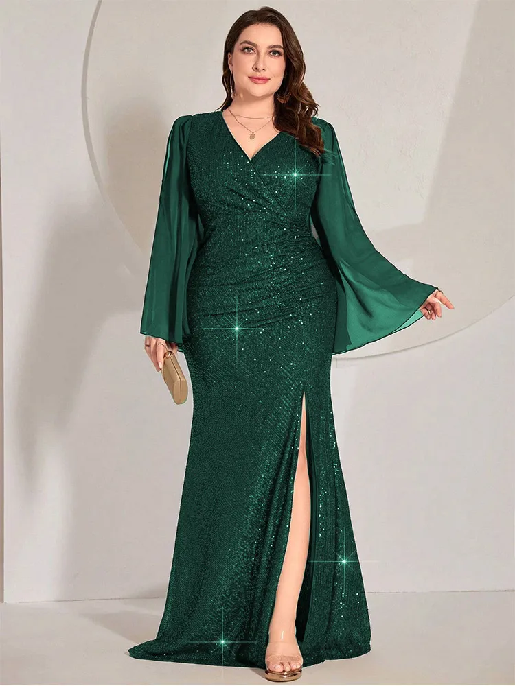 Vestido de gasa de manga larga para dama de honor, prenda brillante con cuello en V y lentejuelas de pie, talla grande, 4XL, 5XL, 2024
