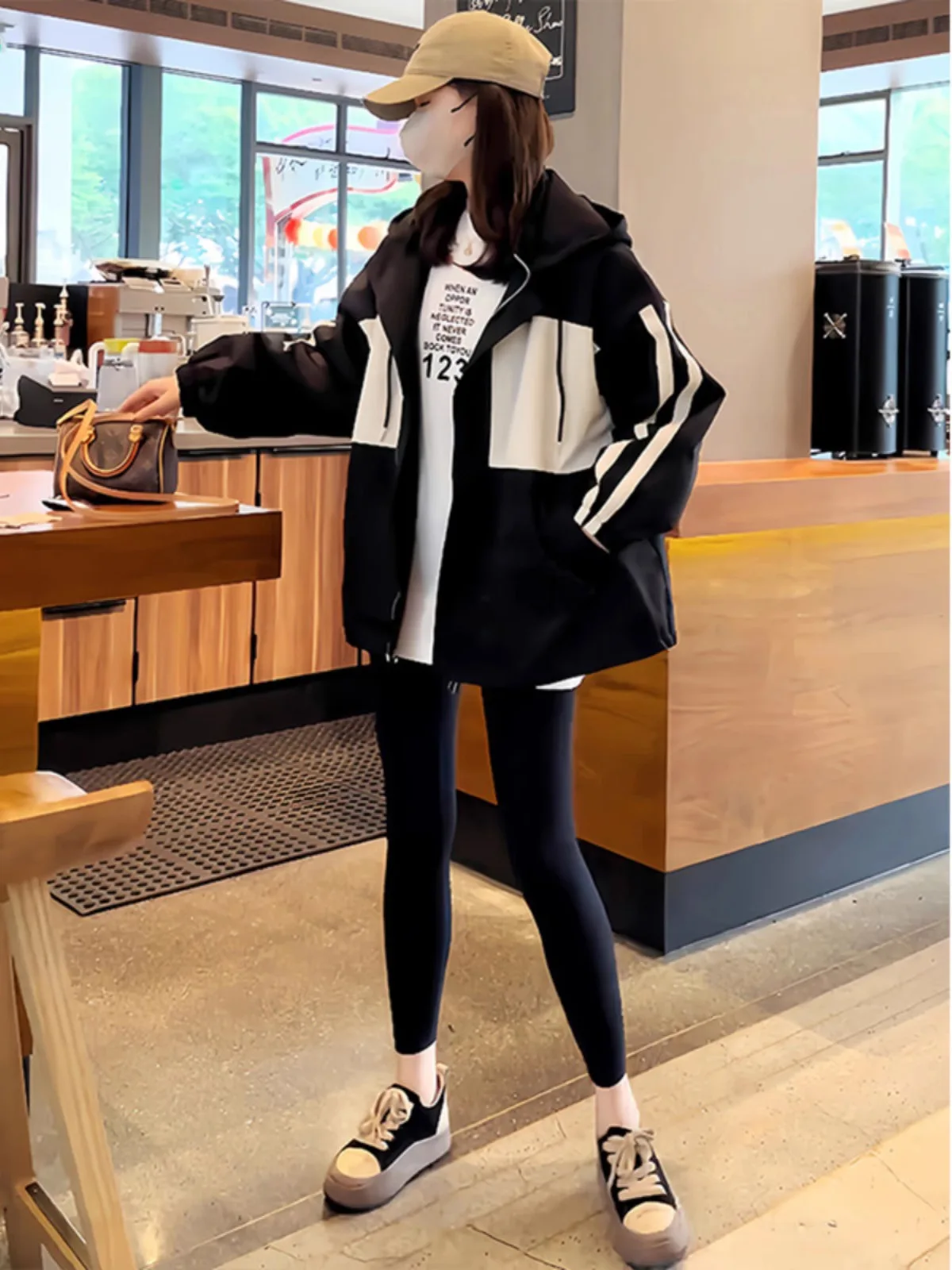 Jaqueta de Trabalho com Capuz em Patchwork Colorido para Mulheres, Moda Primavera Outono, Estilo Casual, Ajuste Solto com Zíper...