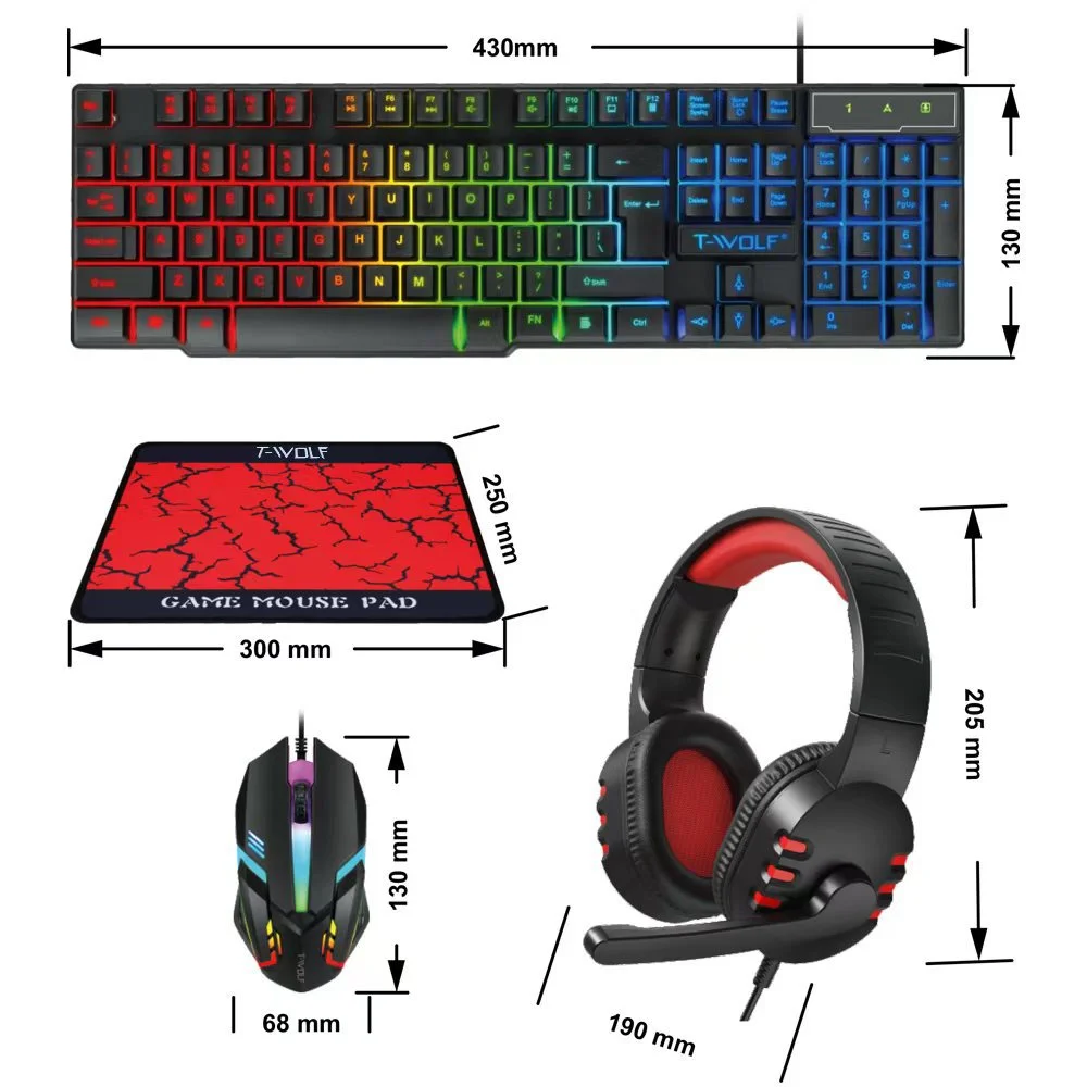 T-wolf TF800 4 in 1 Backlit Keyboard Mouse Combo Wired USB with Headset Mousepad 1200 DPI Gaming Set for PC Laptop