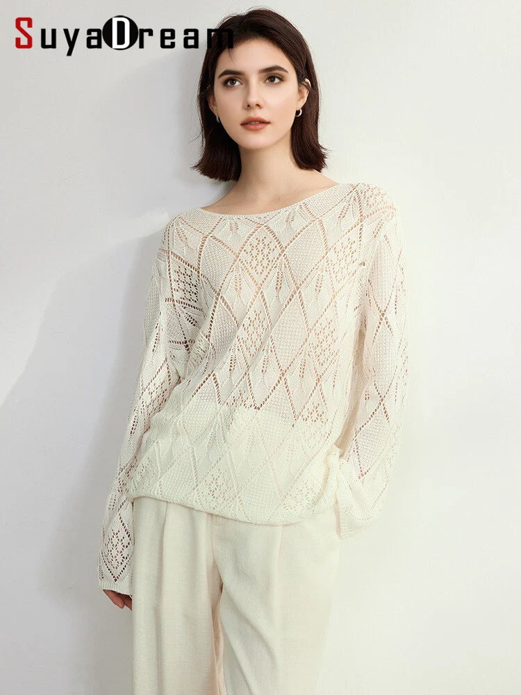 SuyaDream, Women Thin Pullovers, Hollow Out, O Neck, Long Sleeved Sweaters, 100%Lyocell, 2025 Fall Spring Cozy Top, White, Black
