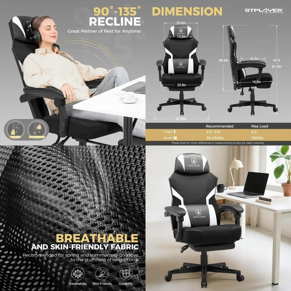Gaming Chair with Mesh Back, Ergonomic Office Chair with Footrest, 90-135° Reclining Game Chairs for Home Office, Big and Tall C