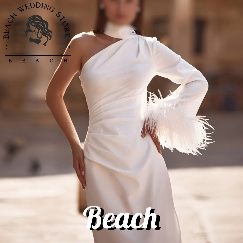 

Beach Customized Halter One Shoulder Ankle Length Side Silt Fairy Garden Wedding Dress Sheath Feathers Pleats High Quality