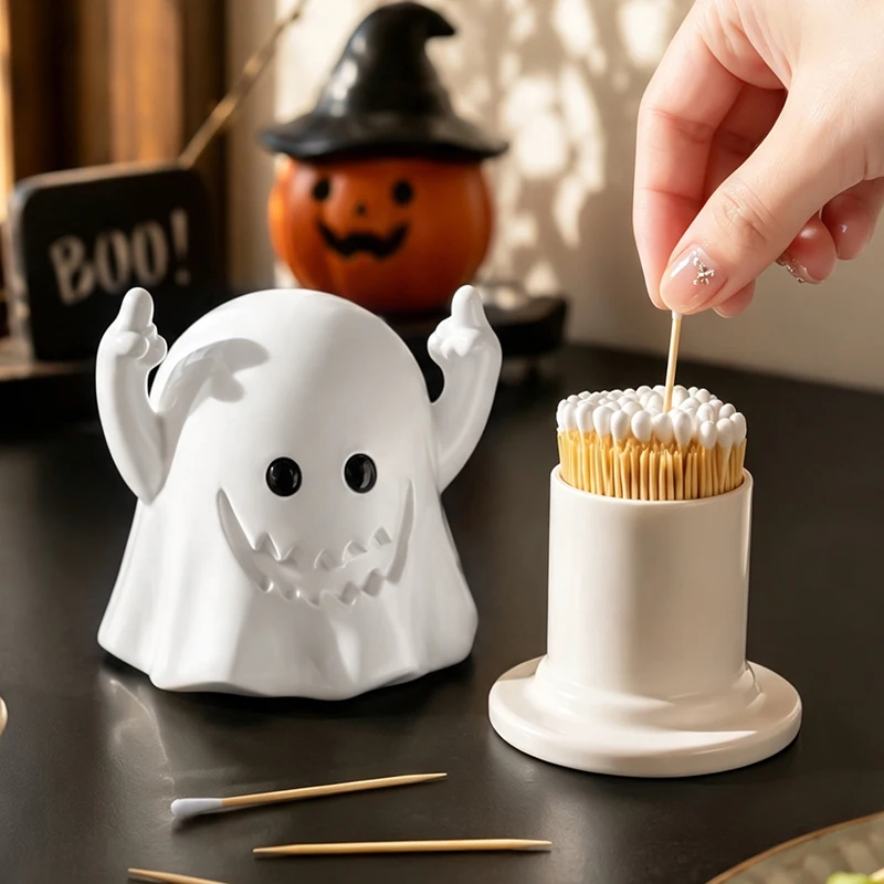 White Ghost Toothpick Holder Resin‑ABS Storage Jar Spooky Middle Finger Desktop Ornament for Halloween Dining Table Decor Gift