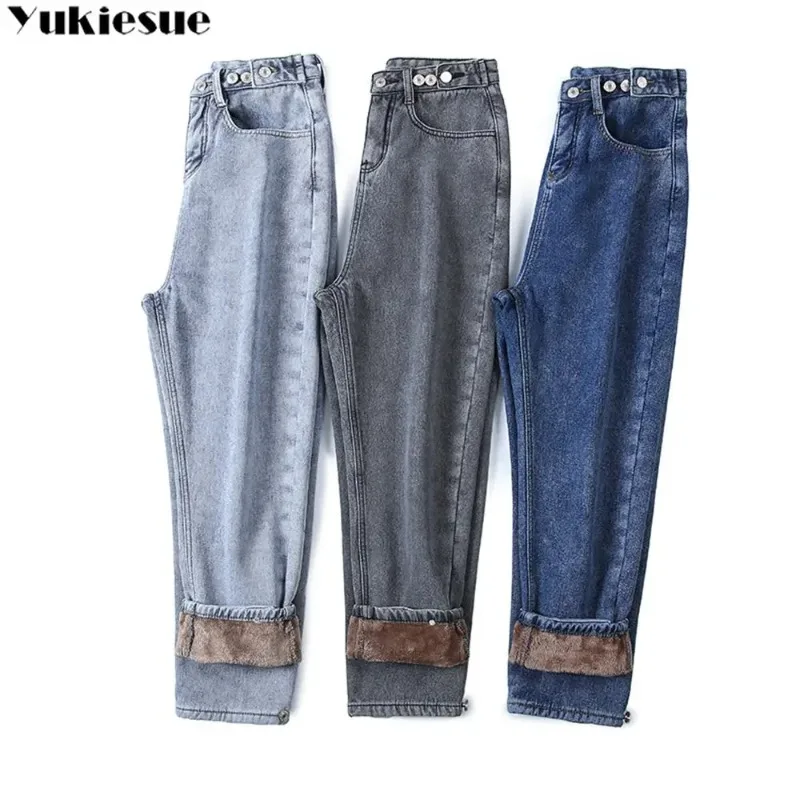 الشتاء سميكة المخملية الدافئة سليم صالح تمتد السيدات موضة عادية الدينيم سروال شكل قلم رصاص المرأة عالية الخصر نحيل الجينز Harajuku الصوف