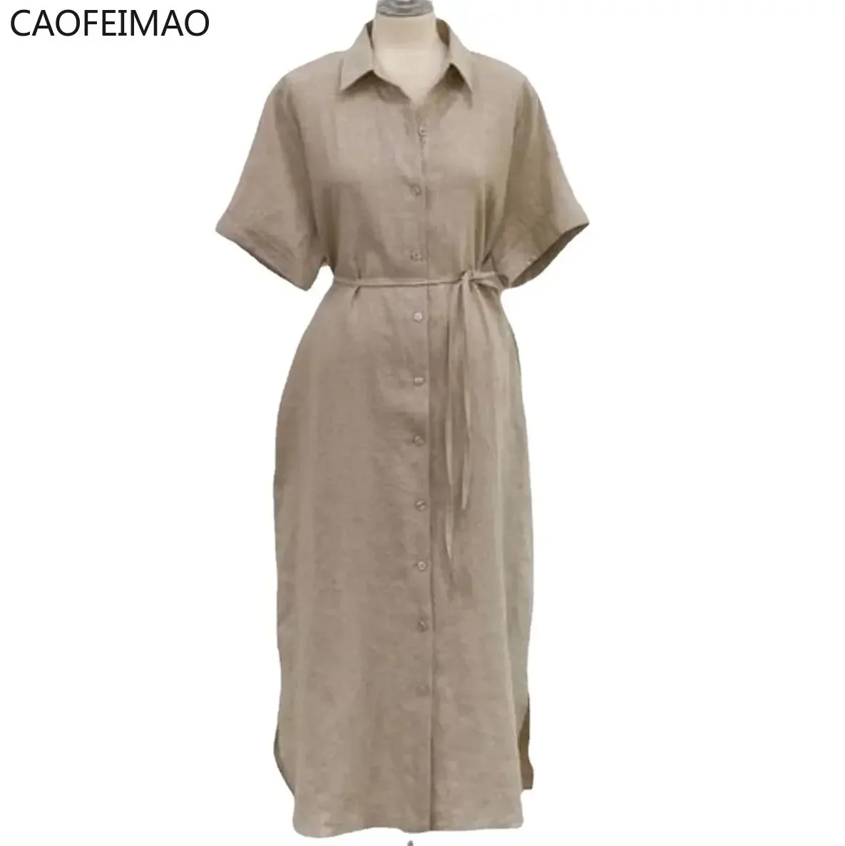 2025 Summer Dress New Fashion Korean Version Streetwear Women Simple Loose Lapels Tie Waist Short Sleeve Shirt Dress Long Skirt