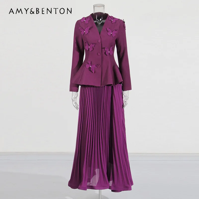 

Temperament Elegant Style Women's Suit 2026 New Splicing Three-dimensional Butterfly Jacket Pleated Long Skirts Suits Ladies