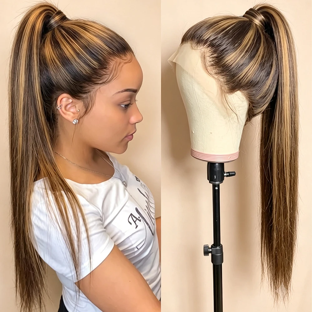 P4/27 Parrucca Full Lace 360 Con MèChes Sfumate Ombré 30-40 Pollici Parrucche Capelli Umani Lisci Frontale In Capelli Umani Con Lace Trasparente HD Parrucca Colorata Pre-Denodata Densità 250-image