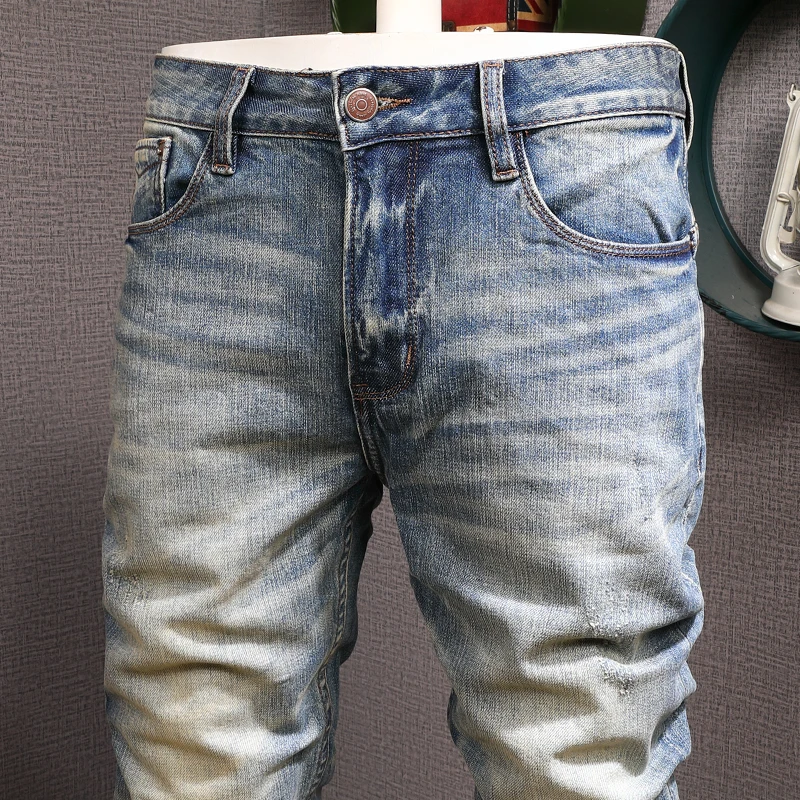 Italian Style Fashion Men Jeans High Quality Retro Wash Elastic Slim Fit Ripped Jeans Men Vintage Designer Denim Pants Hombre