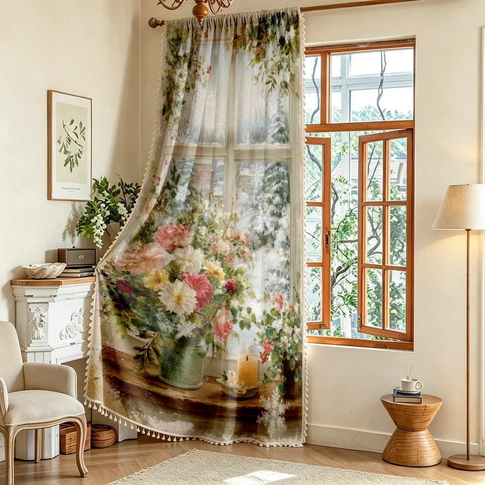 1PC Winter Tassel Sheer Curtains, Window Flower Vase Candle Snow, Digital Print, Polyester, Bedroom Living Room Home Decor