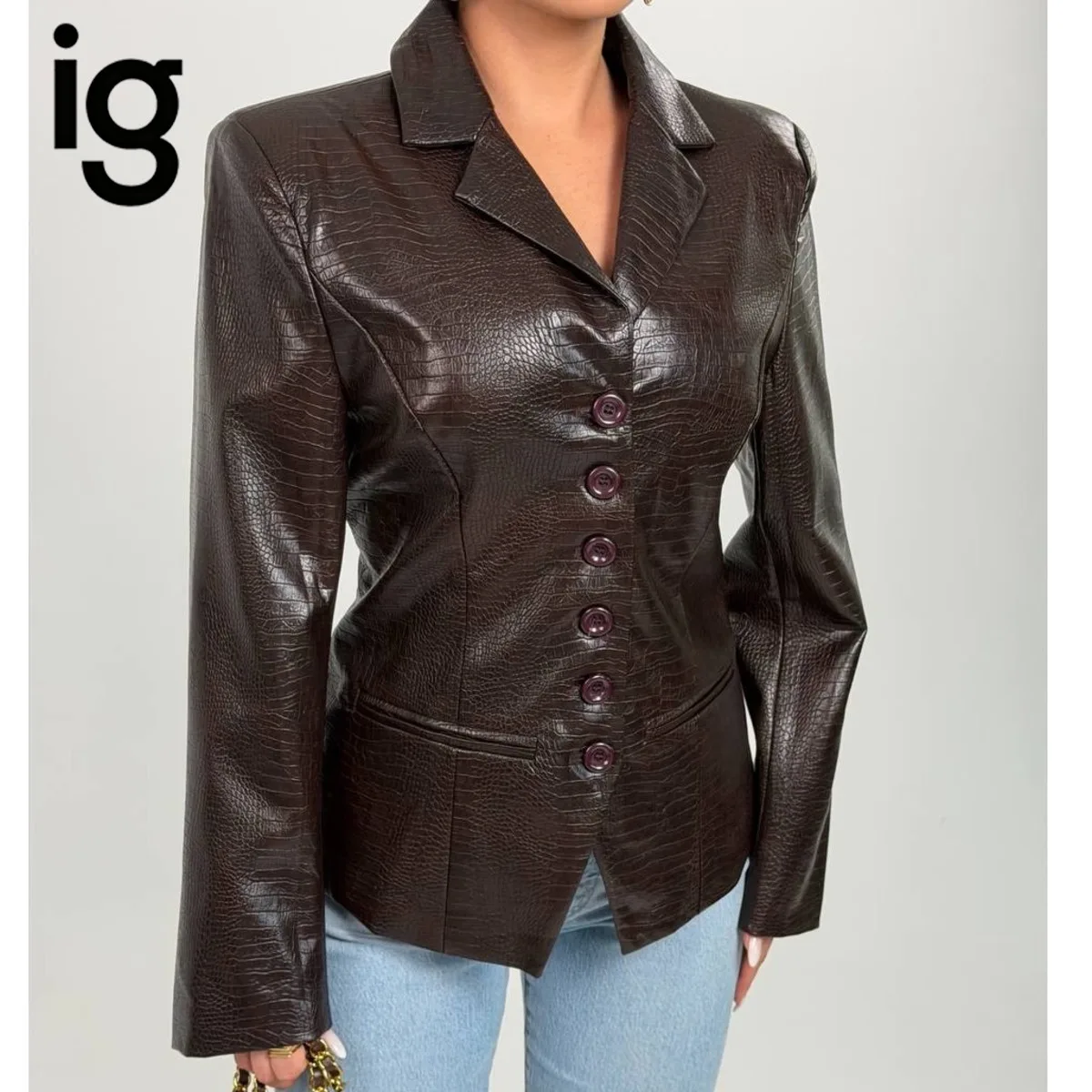 IG 26 New Women's  pattern Gothic Faux Leather Embossed Fitted Leather Blazer Structured Shoulder  Cuff Casual  Blazers