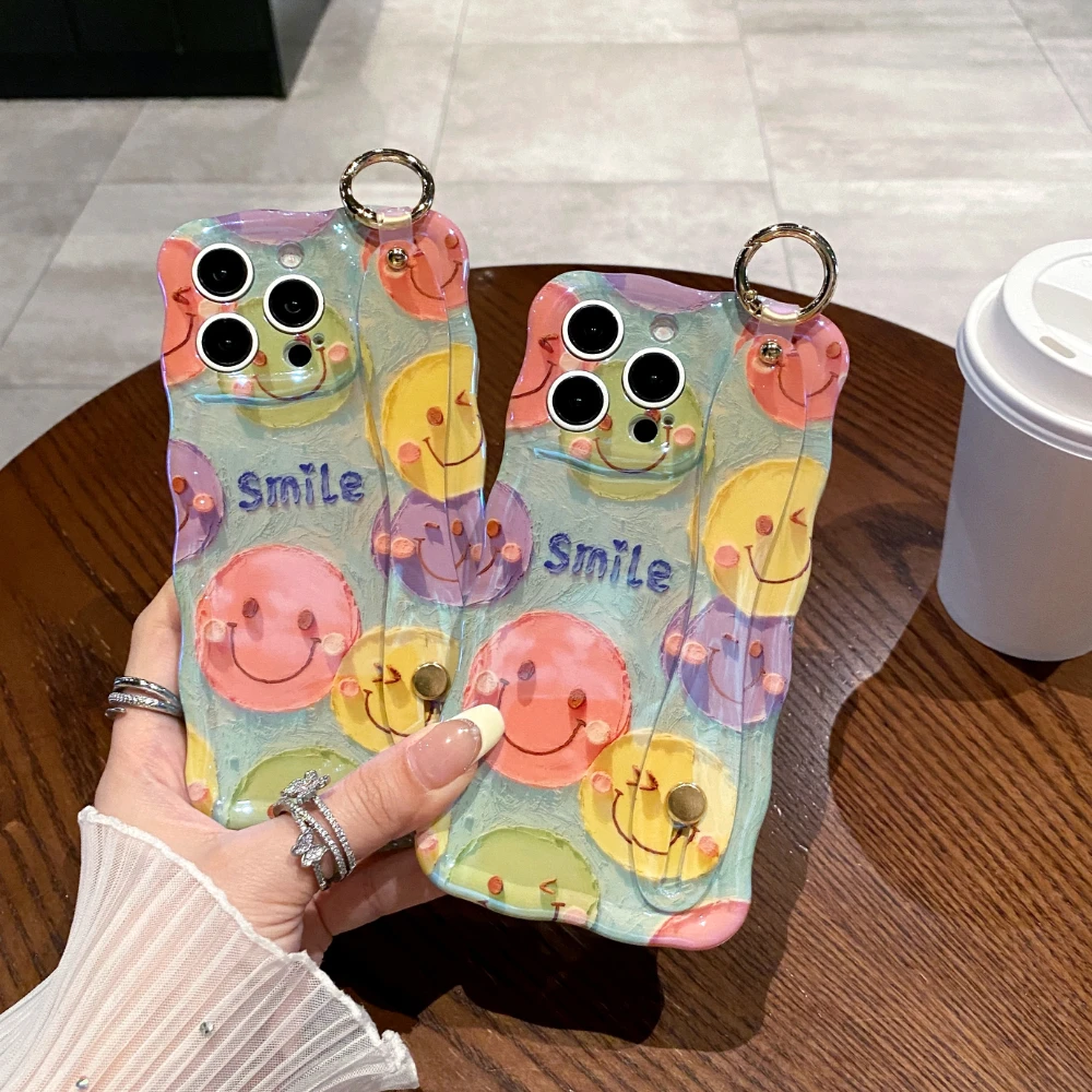 

Luxury Laser Coloful Smile Wrist Strap Phone Case For iPhone 15 Plus 11 12 13 14 16 Pro Max Shockproof Soft Hand Band Back Cover