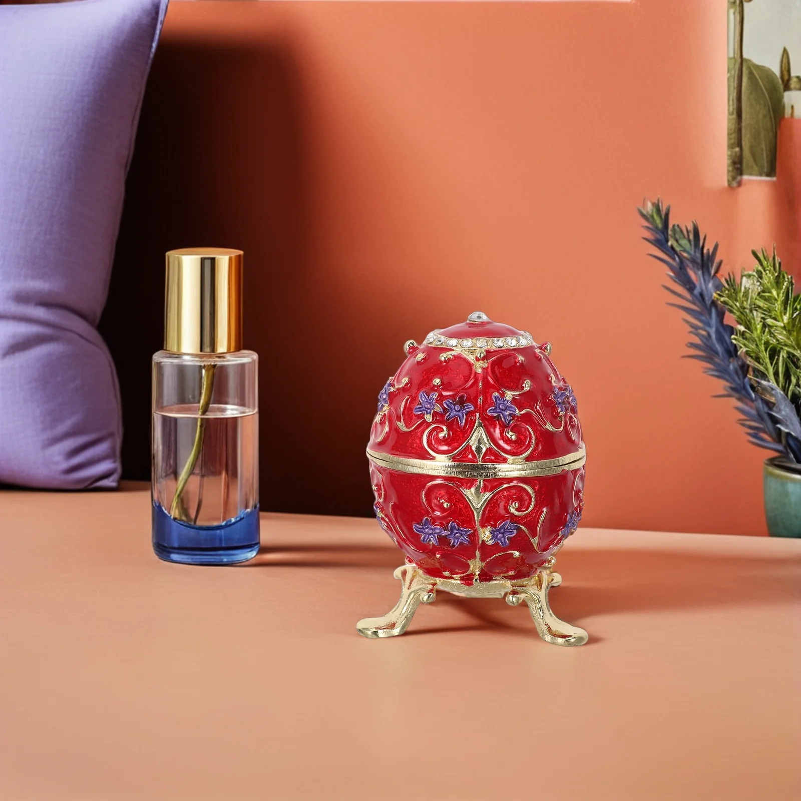 Decorative Handpainted Enamel Egg Trinket Box Gilded Metal Jewelry Storage Organizer Victorian Style Home Accent Keepsakes