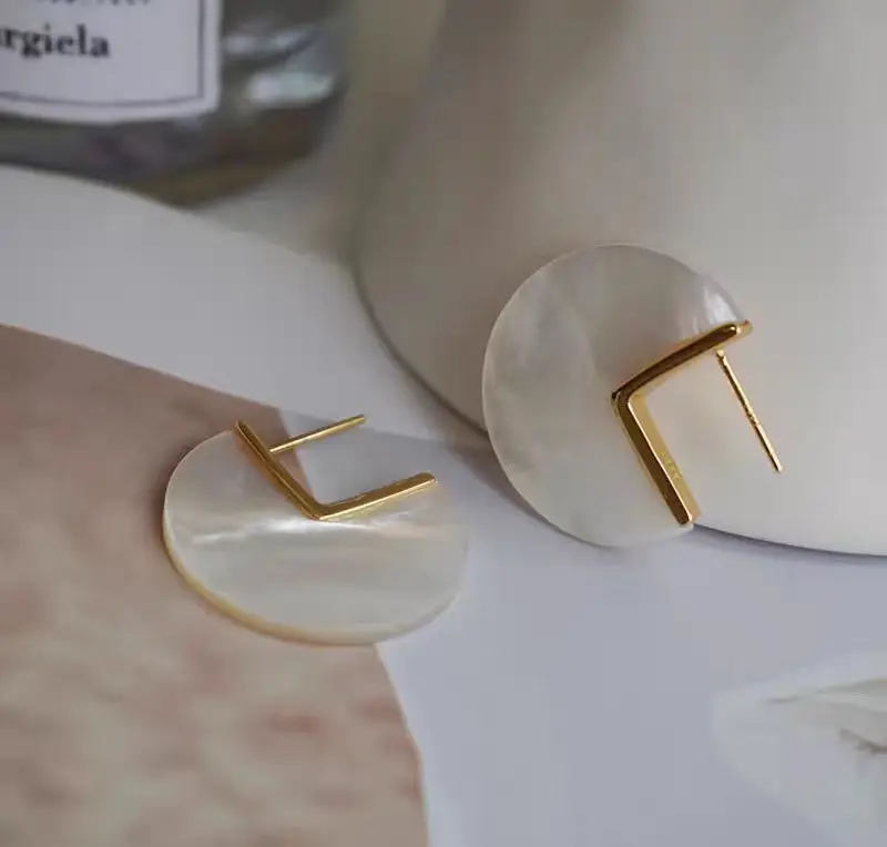 

925 Nature Shell Gold Plated Semicircle Hoop Earrings for Women Statement Geometry Small Hoops Ethnic Style Vintage Jewelry Gift