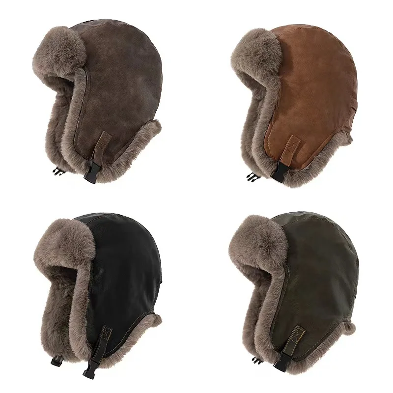 1pcs Men's Winter Retro leather hat Trapper Aviator Trooper Earflap Warm Russian Waterproof Ski Hat Protectors Hats