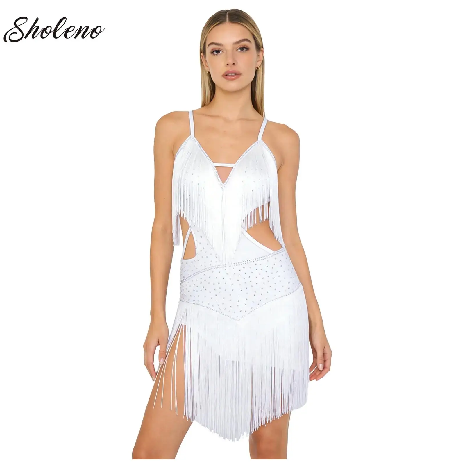 

Womens Salsa Rumba Dance Costume V Neck Backless Shiny Rhinestone Latin Dance Dress Dancewear for Chacha Jazz Dance Performances