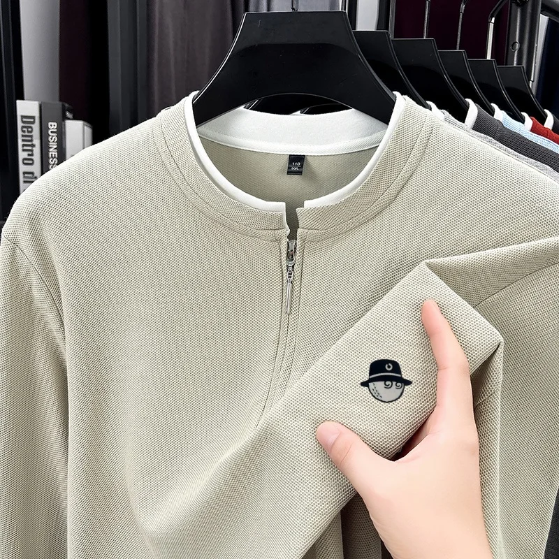 Exquisite Men's Advanced Stand Collar Quarter Zip T-Shirt Autumn Warm Fake Two Piece Sleeve Tops Business Casual Men's Clothing