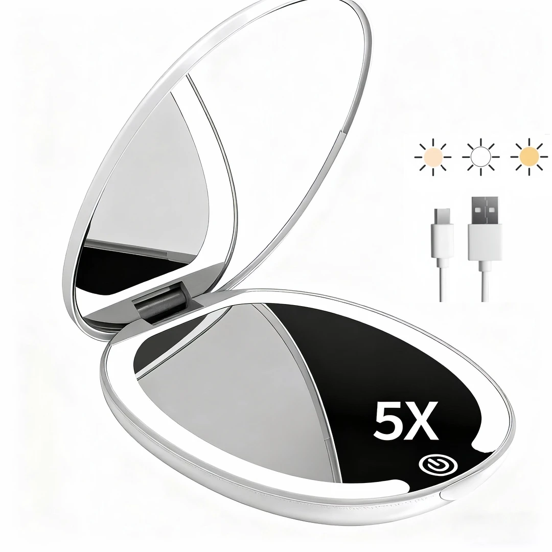 Portable Makeup Mirror LED Lighting Compact Travel Makeup Mirror with Light, 1x/5x Magnification, 3.9-inch Double-Sided Mirror