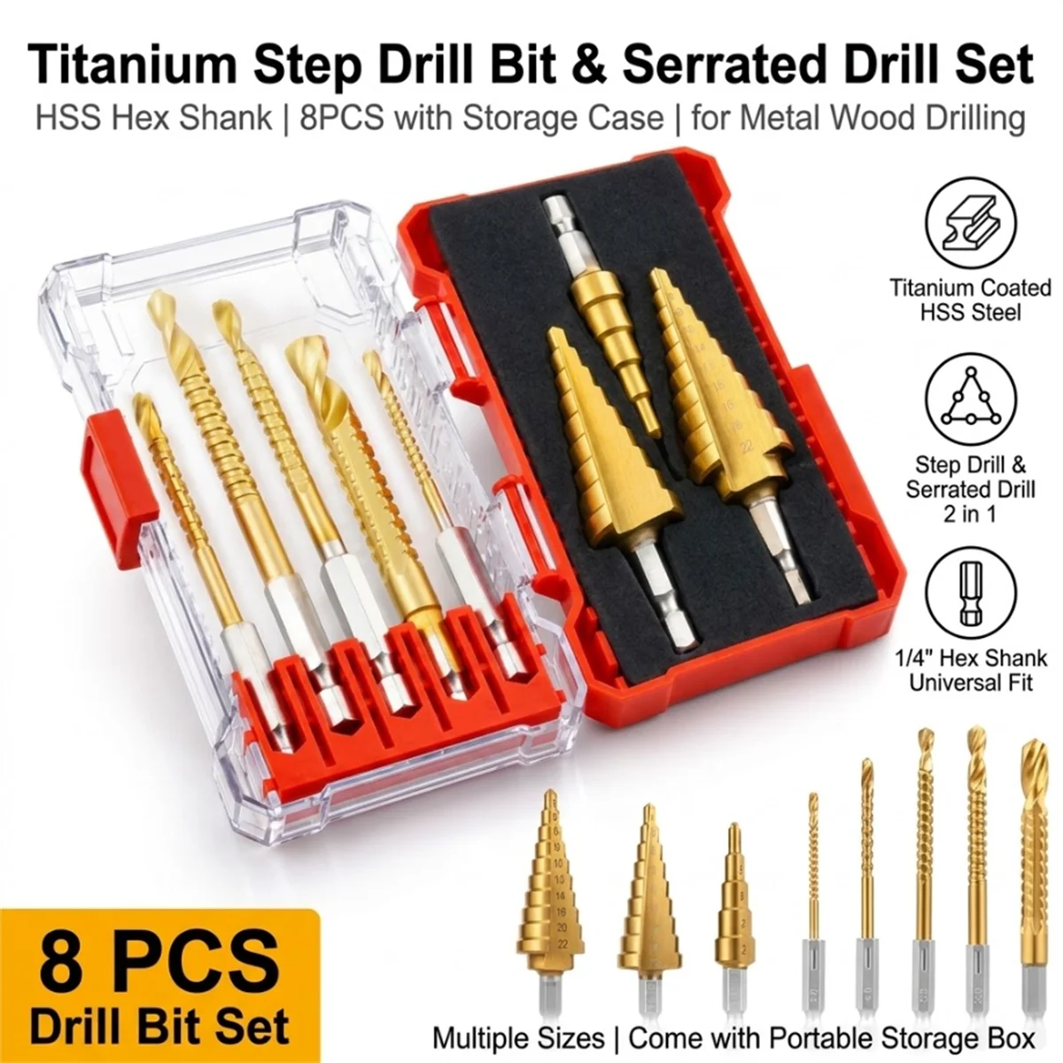 8Pcs HSS Step Drill Bit and Twist Drill Bits Set 1/4 Hex Shank Hole Cutter with Storage Box for Wood Metal Sheet Plastic DIY