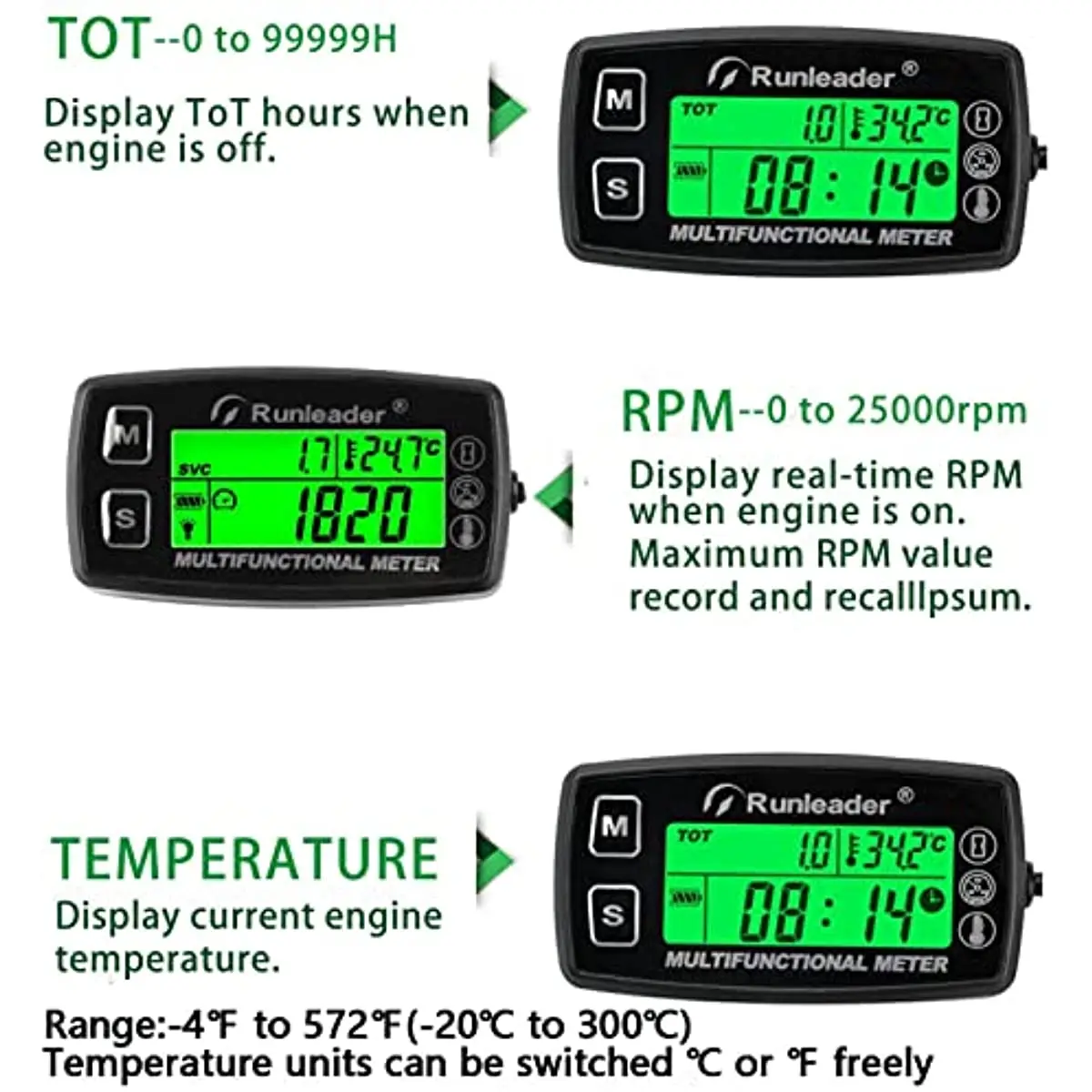 Tachometer TS002-Bend Temperature Digital Gauge RPM for Gas Motorcycle Marine Jet Ski Buggy SnowblowTractor Pit Bike Paramotor